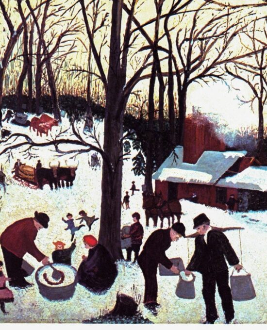Grandma Moses “Bringing in the Maple Sugar” [c.1939] Vintage book print 13 x 12″ Folk art / Primitive