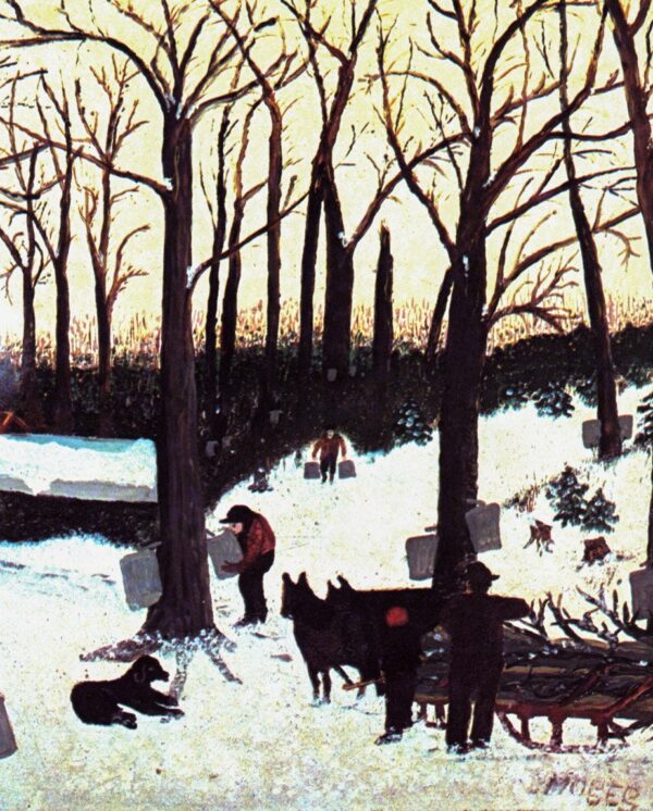 Grandma Moses "Bringing in the Maple Sugar" [c.1939] Vintage book print 13 x 12" Folk art / Primitive - Image 3