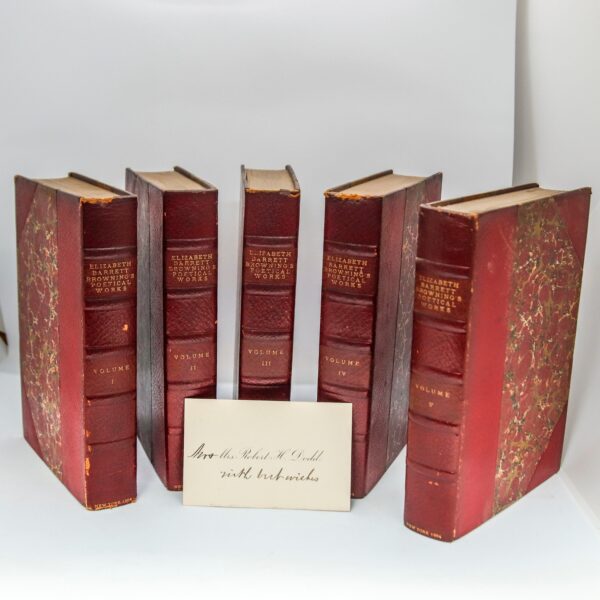 Antique Leather Book Set "Eliz. Barrett Browning's Poetical Works" 1884 Complete 5 volume set Marbled covers and end papers Pretty!