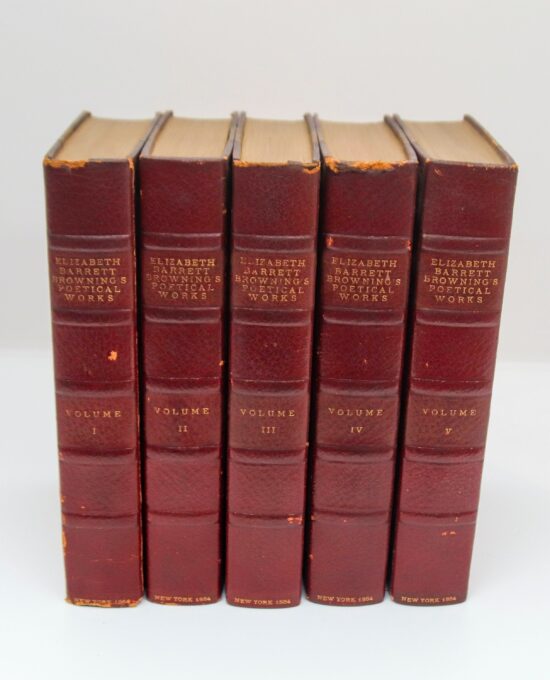 Antique Leather Book Set “Eliz. Barrett Browning’s Poetical Works” 1884 Complete 5 volume set Marbled covers and end papers Pretty!