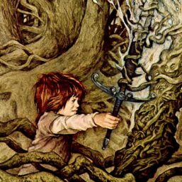 Vintage fantasy art book page Brian Froud "His fingers closed around the sword's grip..." From The Sword of Thrac unpublished 1976
