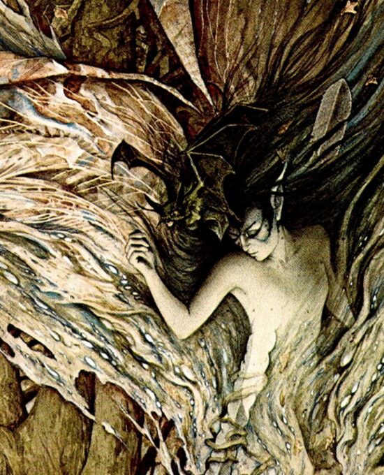 Vintage fantasy art book page Brian Froud “His fingers closed around the sword’s grip…” From The Sword of Thrac unpublished 1976