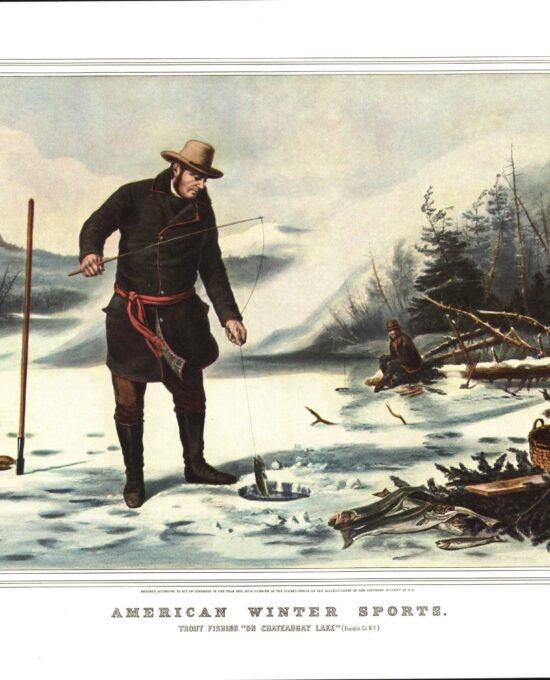 Dad Gifts American Winter Sports “Trout Fishing on Chateaugay Lake (Franklin Co. NY)” Currier & Ives [1856] 15 x 11.5″ vintage book plate