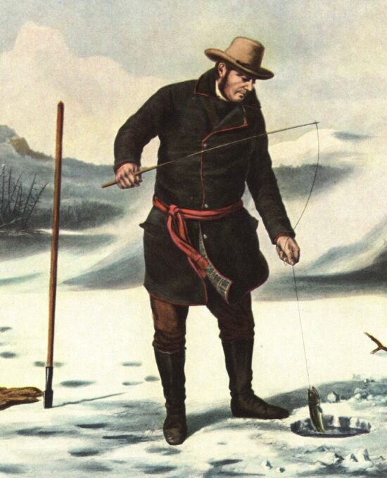 Dad Gifts American Winter Sports “Trout Fishing on Chateaugay Lake (Franklin Co. NY)” Currier & Ives [1856] 15 x 11.5″ vintage book plate