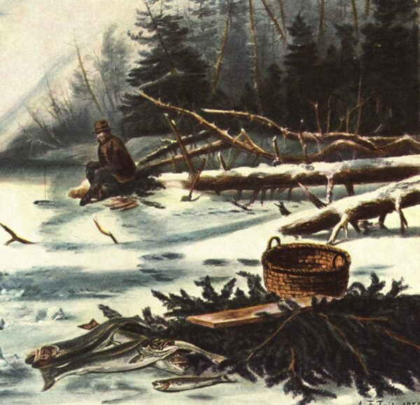 Dad Gifts American Winter Sports "Trout Fishing on Chateaugay Lake (Franklin Co. NY)" Currier & Ives [1856] 15 x 11.5" vintage book plate - Image 3