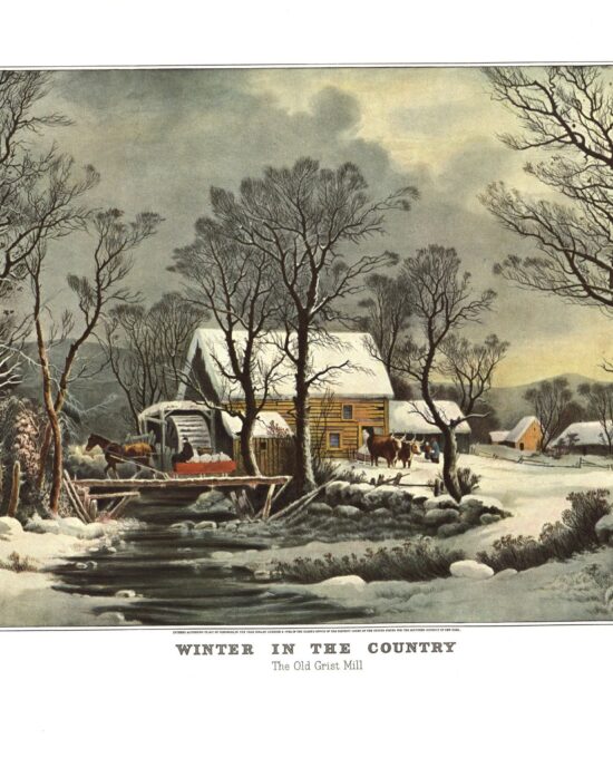 Currier & Ives “Winter in the Country – The Old Grist Mill” [1864]  15 x 11.5″ vintage book page