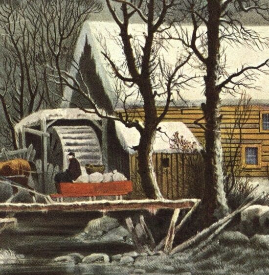Currier & Ives “Winter in the Country – The Old Grist Mill” [1864]  15 x 11.5″ vintage book page