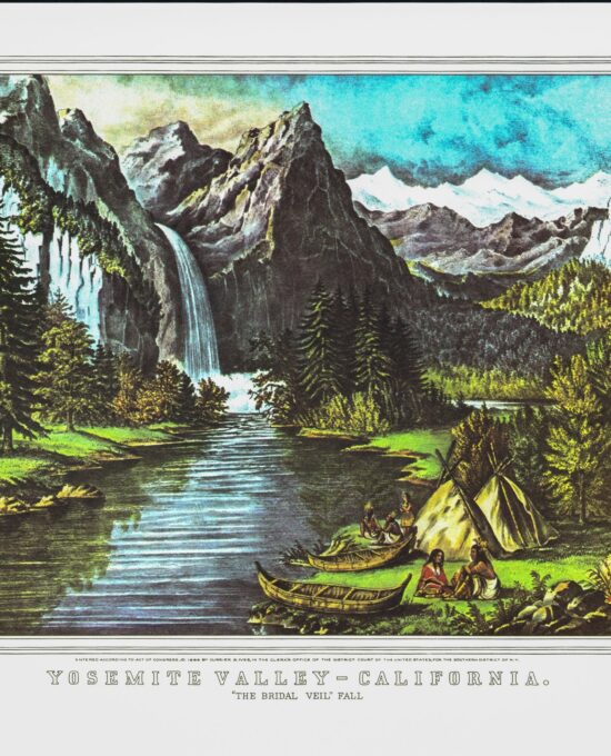 Currier & Ives “Yosemite Valley, California – The Bridal Veil Fall” [1866]  15 x 11.5″ vintage book page