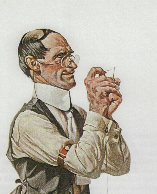 Norman Rockwell Vintage art book page “Man Threading a Needle”