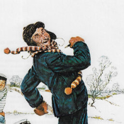 Norman Rockwell Vintage art book page "Grandpa and Me Ice-skating" Winter 1948