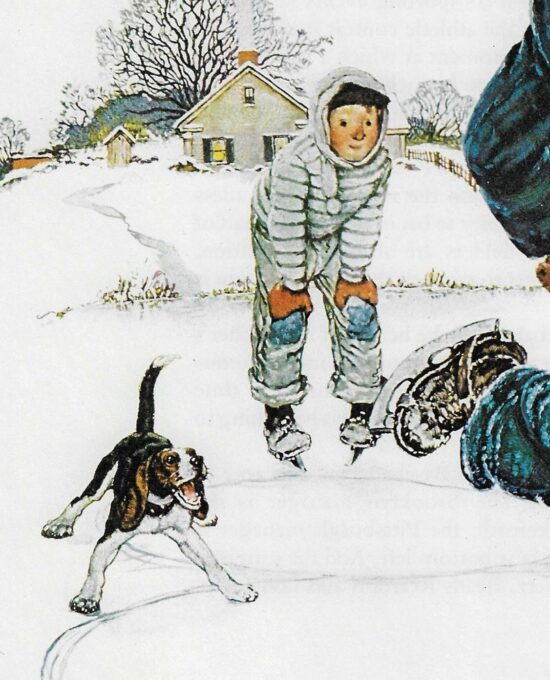 Norman Rockwell Vintage art book page “Grandpa and Me Ice-skating” Winter 1948