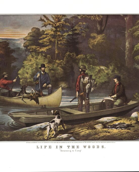 Life in the Woods – Returning to Camp 1860 15 x 11.5″ vintage book plate Currier & Ives Americana