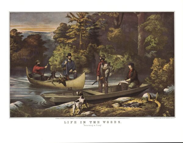 Life in the Woods - Returning to Camp 1860 15 x 11.5" vintage book plate Currier & Ives Americana