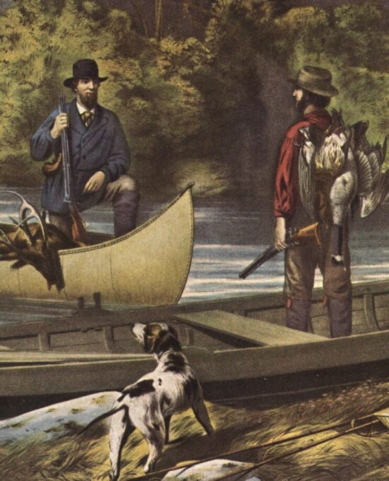 Life in the Woods – Returning to Camp 1860 15 x 11.5″ vintage book plate Currier & Ives Americana