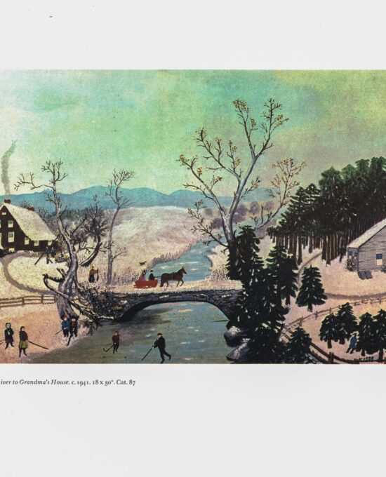 Grandma Moses “Over the River to Grandma’s House / The Mailman Has Gone” [1941/9] Vintage book page 13 x 12″