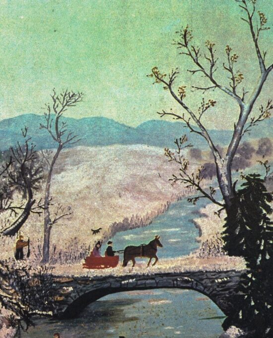 Grandma Moses “Over the River to Grandma’s House / The Mailman Has Gone” [1941/9] Vintage book page 13 x 12″
