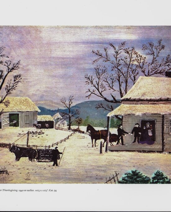 Grandma Moses “Home For Thanksgiving” [c.1940] Vintage book page 13 x 12″ Folk art / Americana