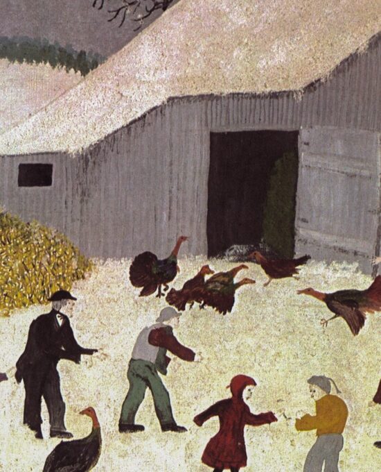 Grandma Moses “Thanksgiving Turkey / The Old Oaken Bucket in Winter” [1943/50] Vintage book page 13 x 12″