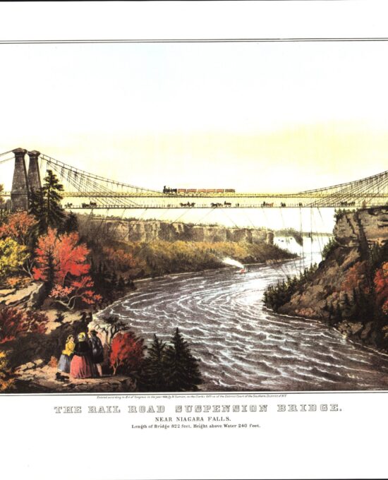 Niagara Falls “The Rail Road Suspension Bridge” 1856 Currier & Ives  15 x 11.5″ Vintage art book page
