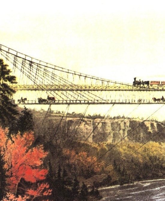 Niagara Falls “The Rail Road Suspension Bridge” 1856 Currier & Ives  15 x 11.5″ Vintage art book page