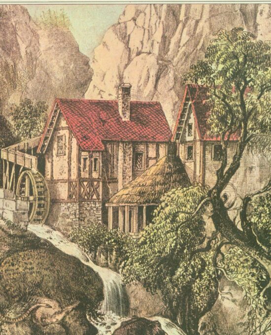 Currier & Ives “Picture Puzzle – Old Swiss Mill” Originally published 1872  15 x 11.5″ Fifties vintage art book page