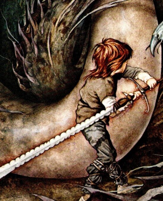 Vintage fantasy art book page Brian Froud “Ragn stood in the blast of a fetid roar…” From The Sword of Thrac unpublished 1976FREE SHIPPING