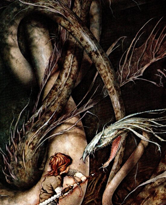 Vintage fantasy art book page Brian Froud “Ragn stood in the blast of a fetid roar…” From The Sword of Thrac unpublished 1976FREE SHIPPING