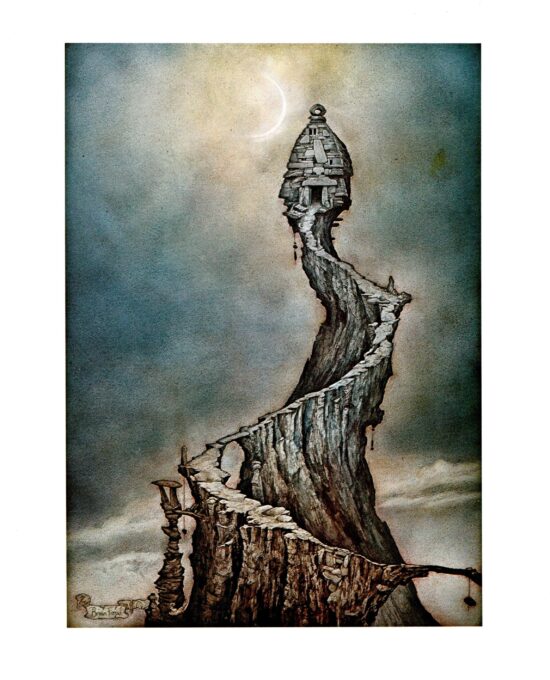 Vintage fantasy art book page Brian Froud “The Ogre built his manse high and lonely…” From The Sword of Thrac unpublished 1976
