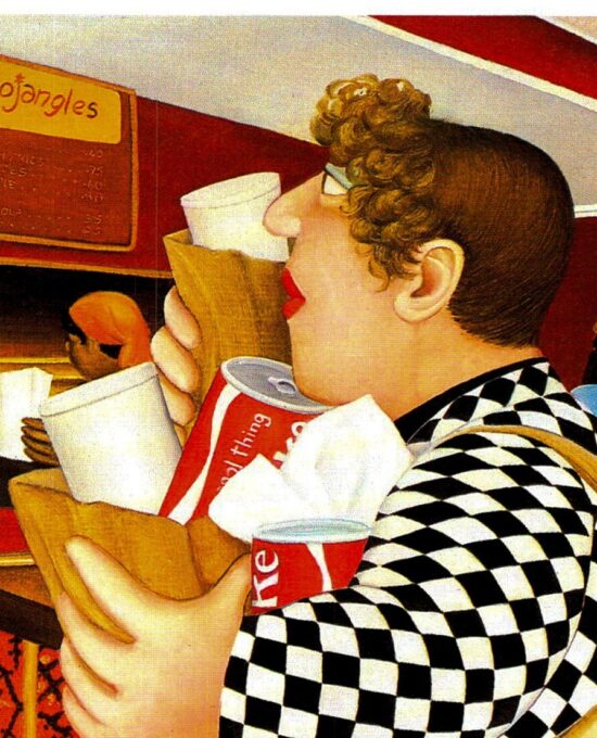 Beryl Cook “To Go” 1985 Vintage art book page Bojangles breakfast