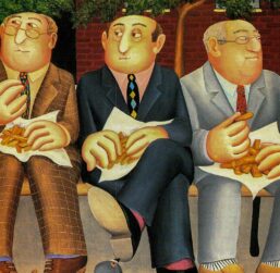 Beryl Cook "Lunch in the Gardens" 1985 Vintage art book page City park scene