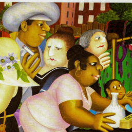 Beryl Cook "Street Market" 1985 Vintage art book page Canal Street scene