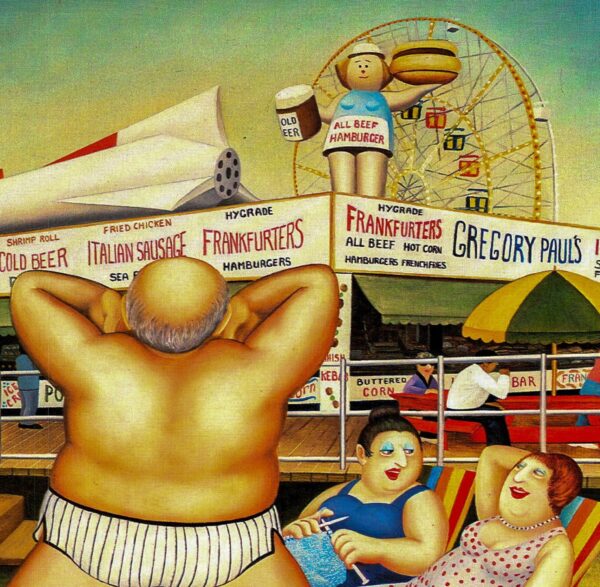 Beryl Cook "Rye Over Rocks" & "Coney Island" 1985 Vintage art book page Grand Central Station bar scene - Image 3