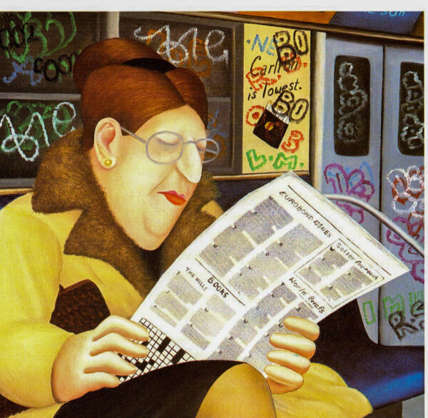 Beryl Cook "Reading the Newspaper" 1985 Vintage art book page Coney Island Subway