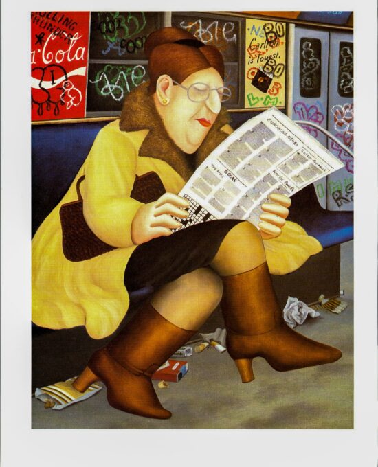 Beryl Cook “Reading the Newspaper” 1985 Vintage art book page Coney Island Subway
