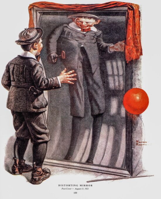 Norman Rockwell “Distorting Mirror” & “Sneezing Spy” Oversized 2-sided vintage art book page