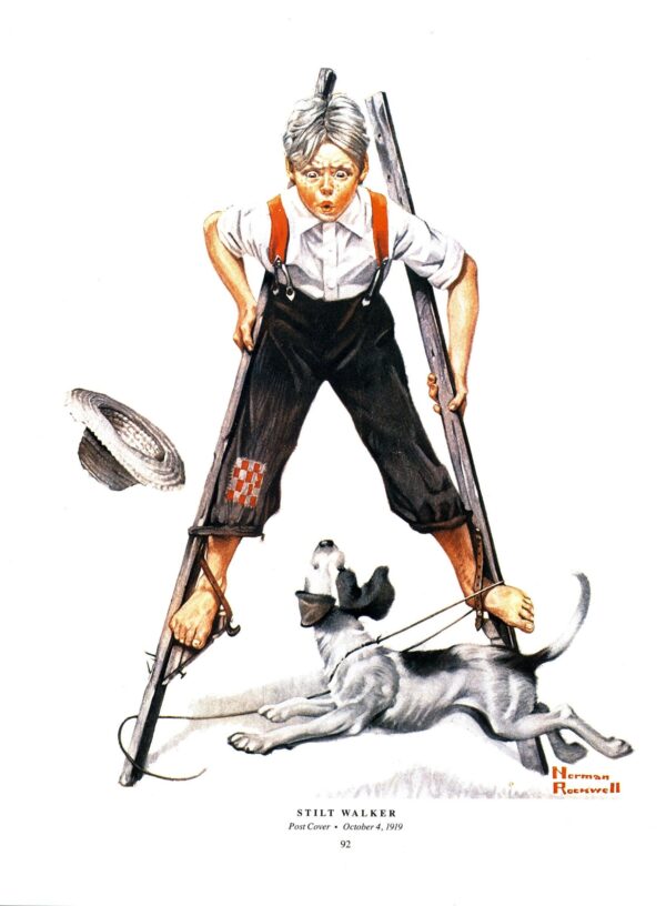 Norman Rockwell "Important Business" & "Stilt Walker" Oversized 2-sided vintage art book page - Image 5