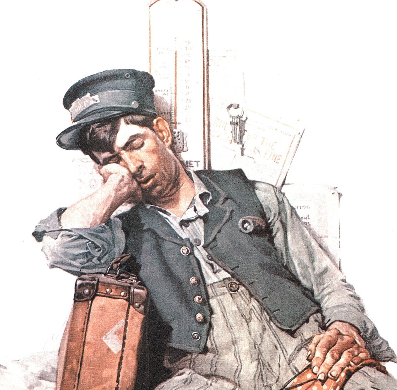 Norman Rockwell "Asleep on the Job" & "Cigar Butt" Oversized 2-sided vintage art book page