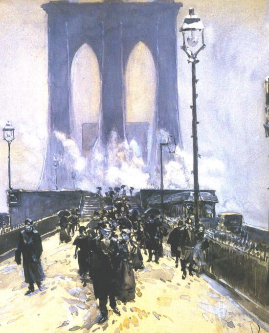Childe Hassam “A Winter Day on Brooklyn Bridge” 1892 Vintage art book page