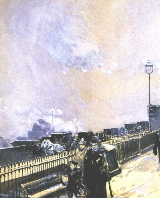 Childe Hassam “A Winter Day on Brooklyn Bridge” 1892 Vintage art book page