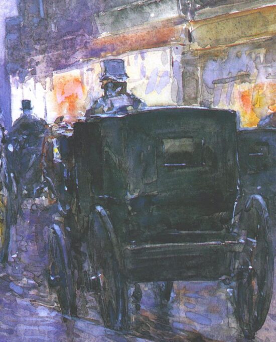 New York scenes “Horse Drawn Cabs at Eveining” Childe Hassam Vintage art book page