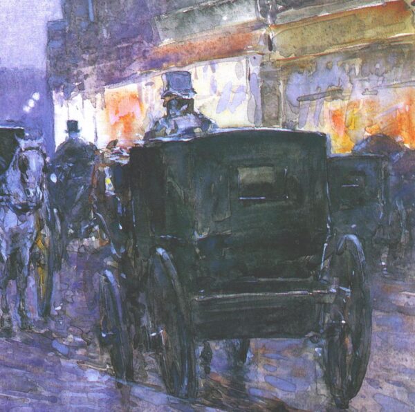 New York scenes "Horse Drawn Cabs at Eveining" Childe Hassam Vintage art book page