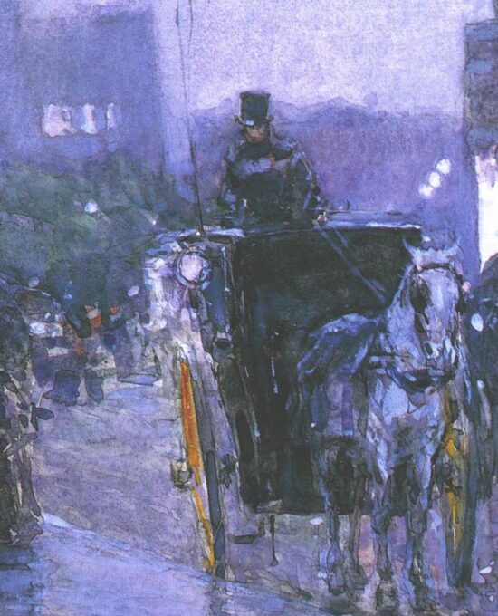 New York scenes “Horse Drawn Cabs at Eveining” Childe Hassam Vintage art book page