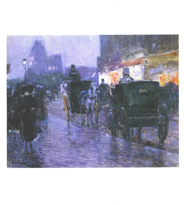 New York scenes "Horse Drawn Cabs at Eveining" Childe Hassam Vintage art book page - Image 4