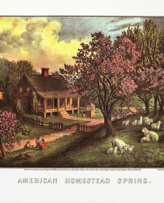 Currier & Ives “American Homestead Spring” [1869]  15 x 11.5″ vintage book page