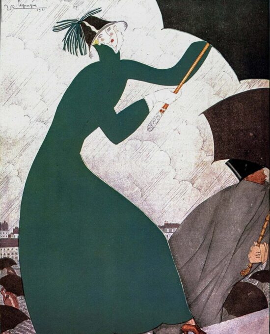 Vogue magazine cover art Lepape green in a rain storm / George Plank tennis