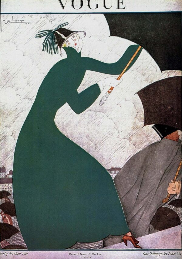 Vogue magazine cover art Lepape green in a rain storm / George Plank tennis