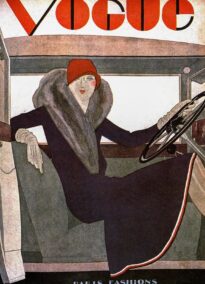 Vogue magazine cover 1929 Fur coat autocar Paris fashions illustration vintage