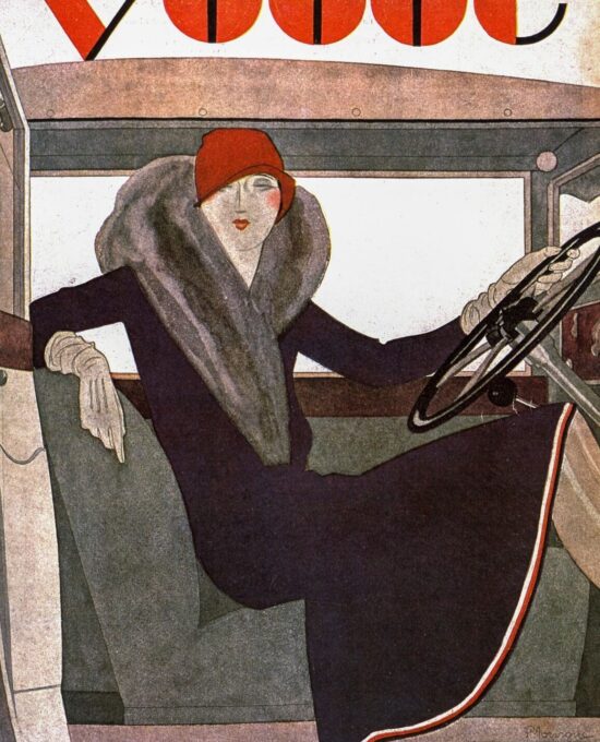 Vogue magazine cover 1929 Fur coat autocar Paris fashions illustration vintage