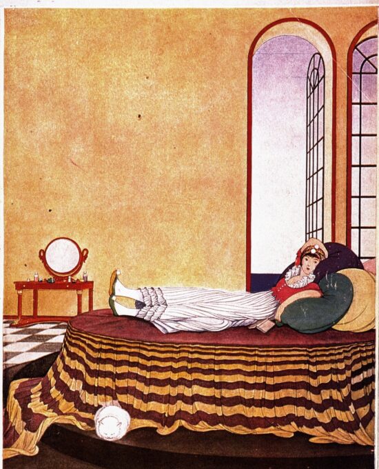 Vintage art-book page White kitty and the lap of luxury