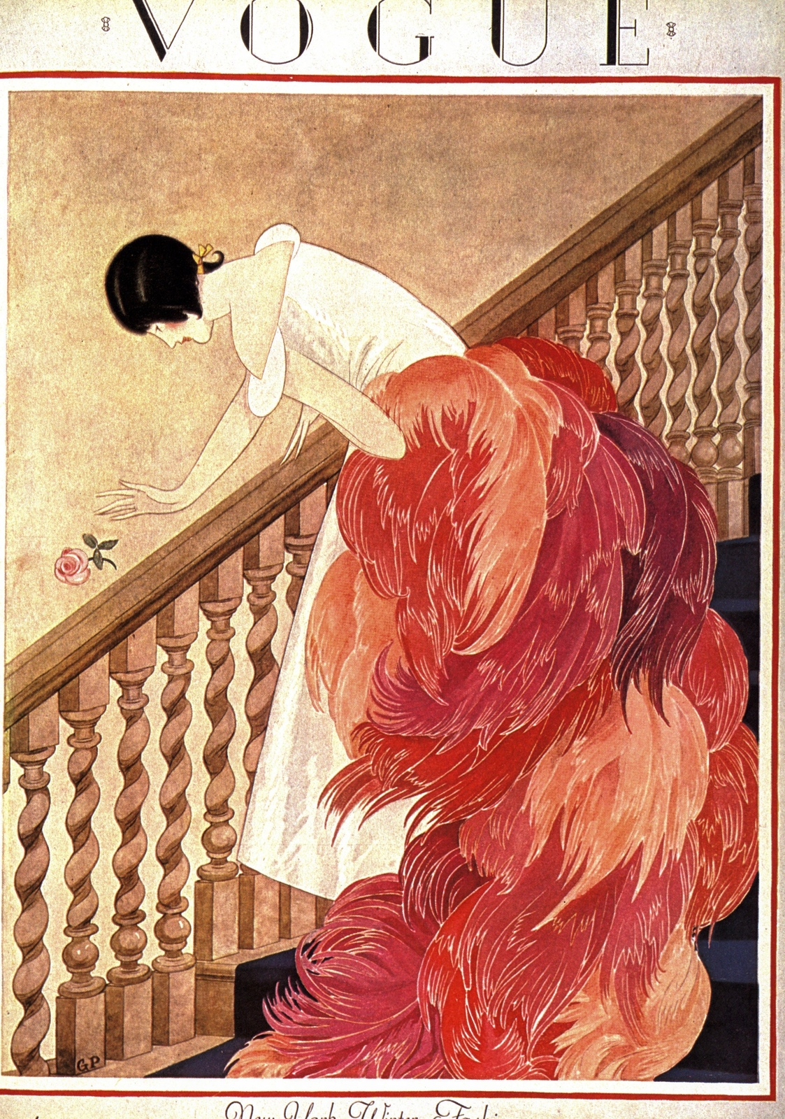 Feather boa New York Winter fashion illustration Vintage art book page